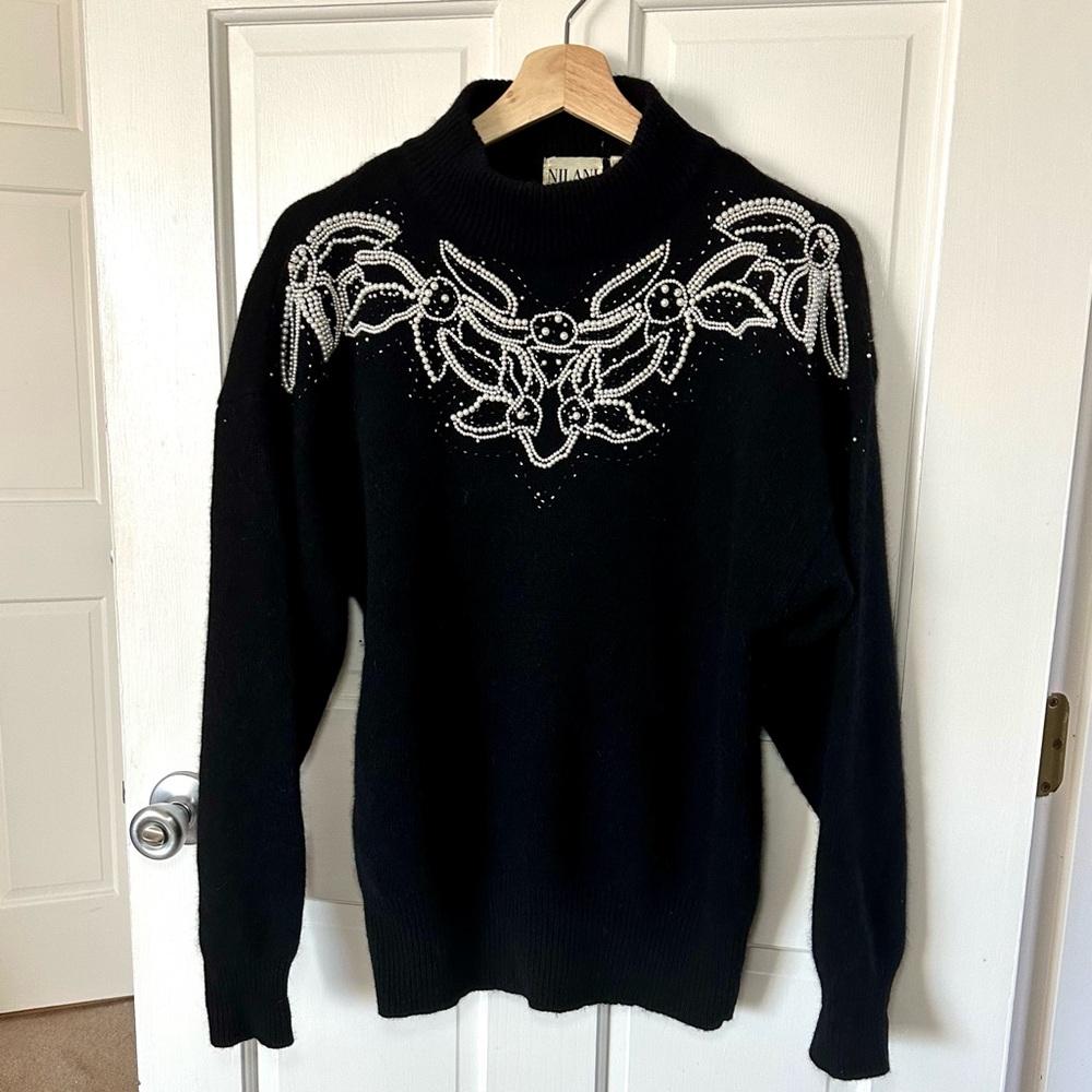 Vintage Nilani Angora & Lambswool Beaded Pearl Mock Neck Sweater Size S